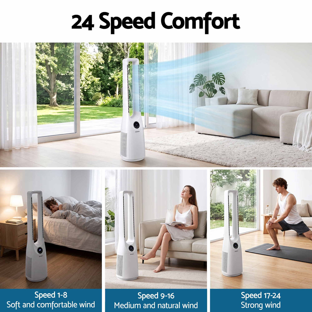 Devanti Bladeless Tower Fan 100cm 2-in-1 Cooling Airflow Purifying Remote