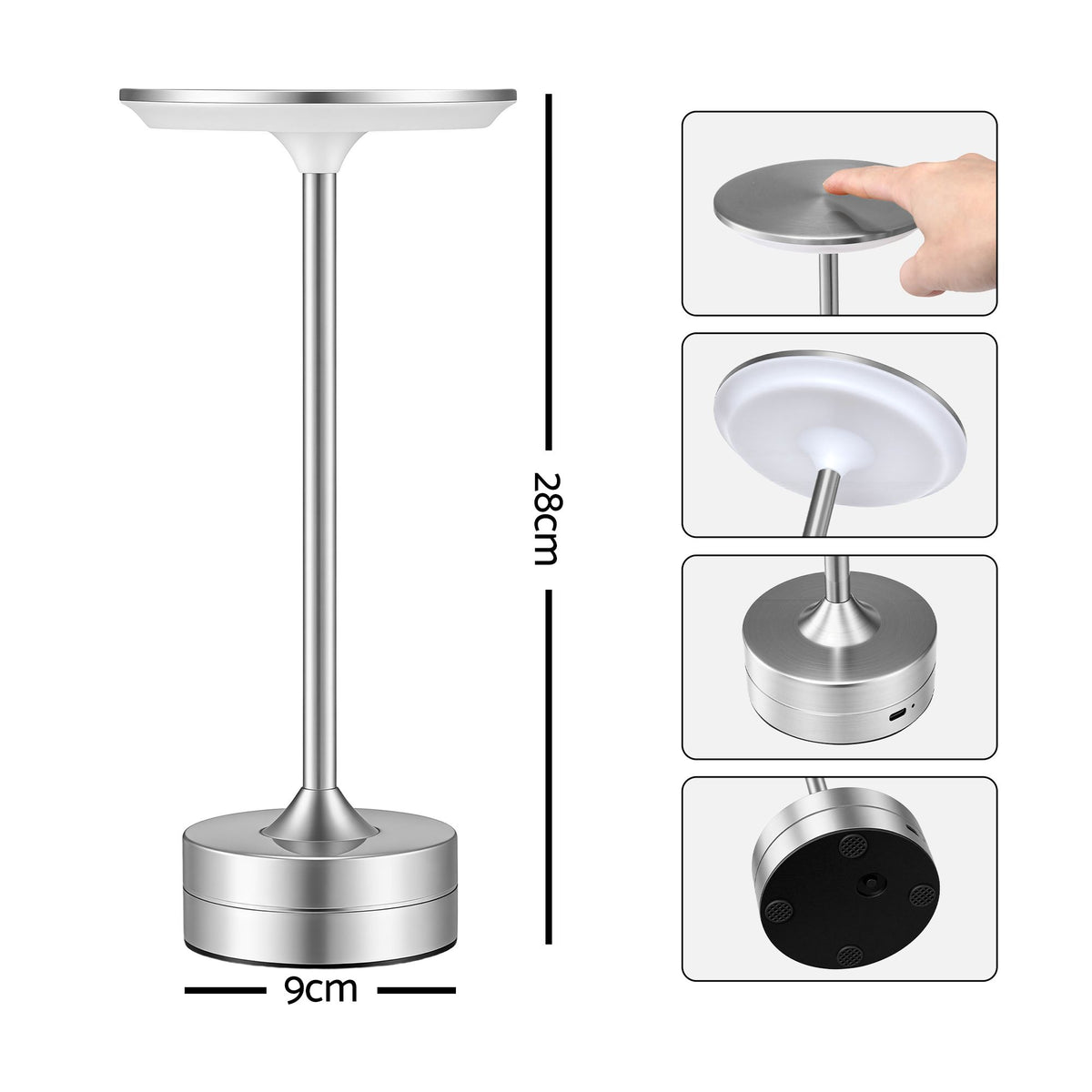 Artiss Silver Touch Table Lamp, Warm to Cool White LED, Dimmable 3000-6000K 24 LEDs, Type-C