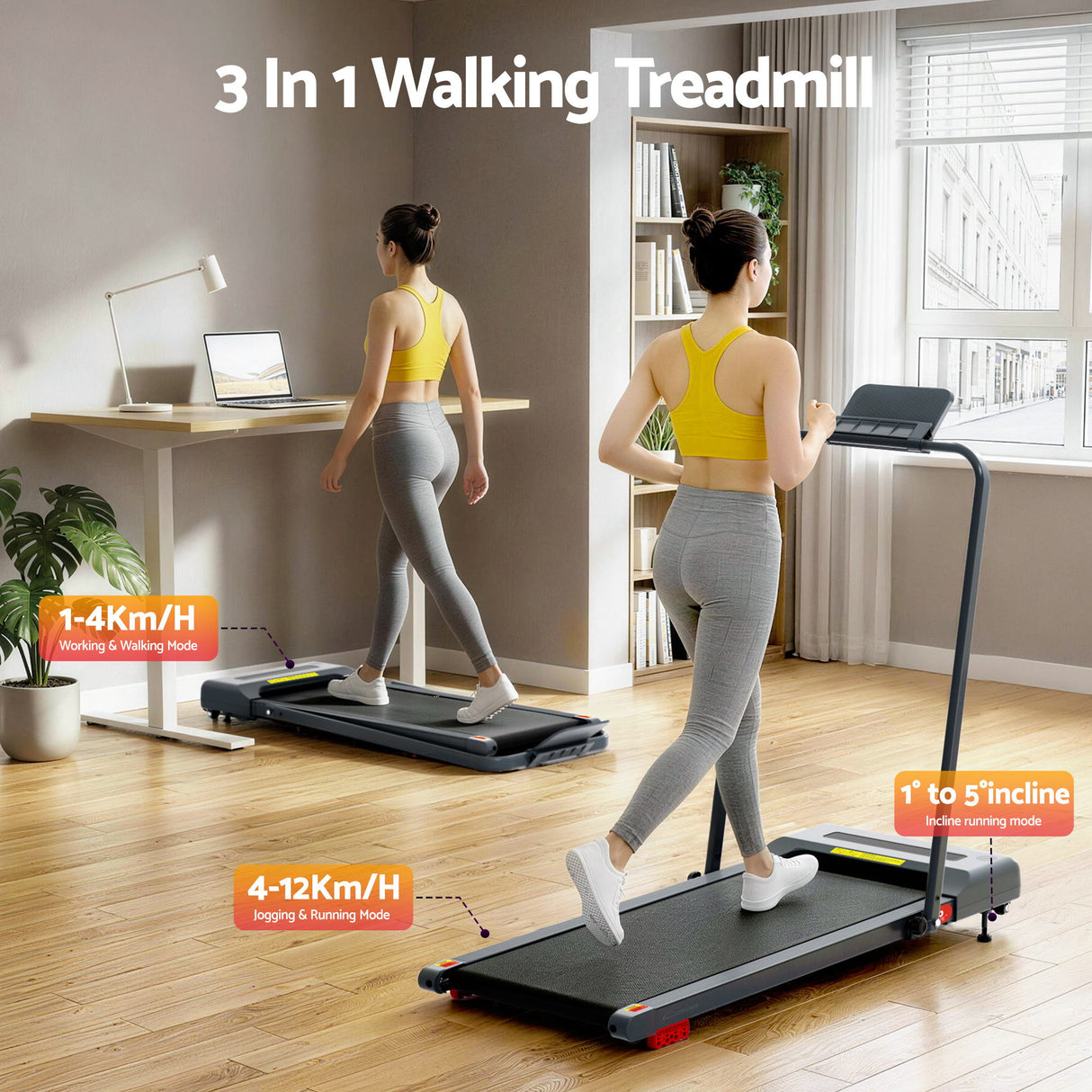 Everfit Treadmill Electric Walking Pad Incline Under Desk 380mm Grey