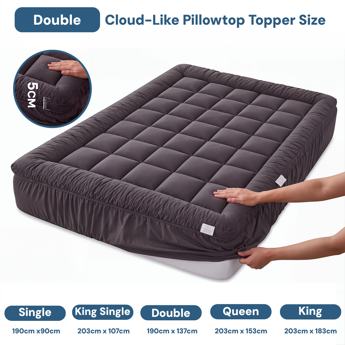 Giselle Bedding Bamboo Charcoal Filling Pillowtop Topper 1000GSM 5cm Thick Pillowtop Pad for Back Pain Relief Washable with 45cm Deep Pocket Double