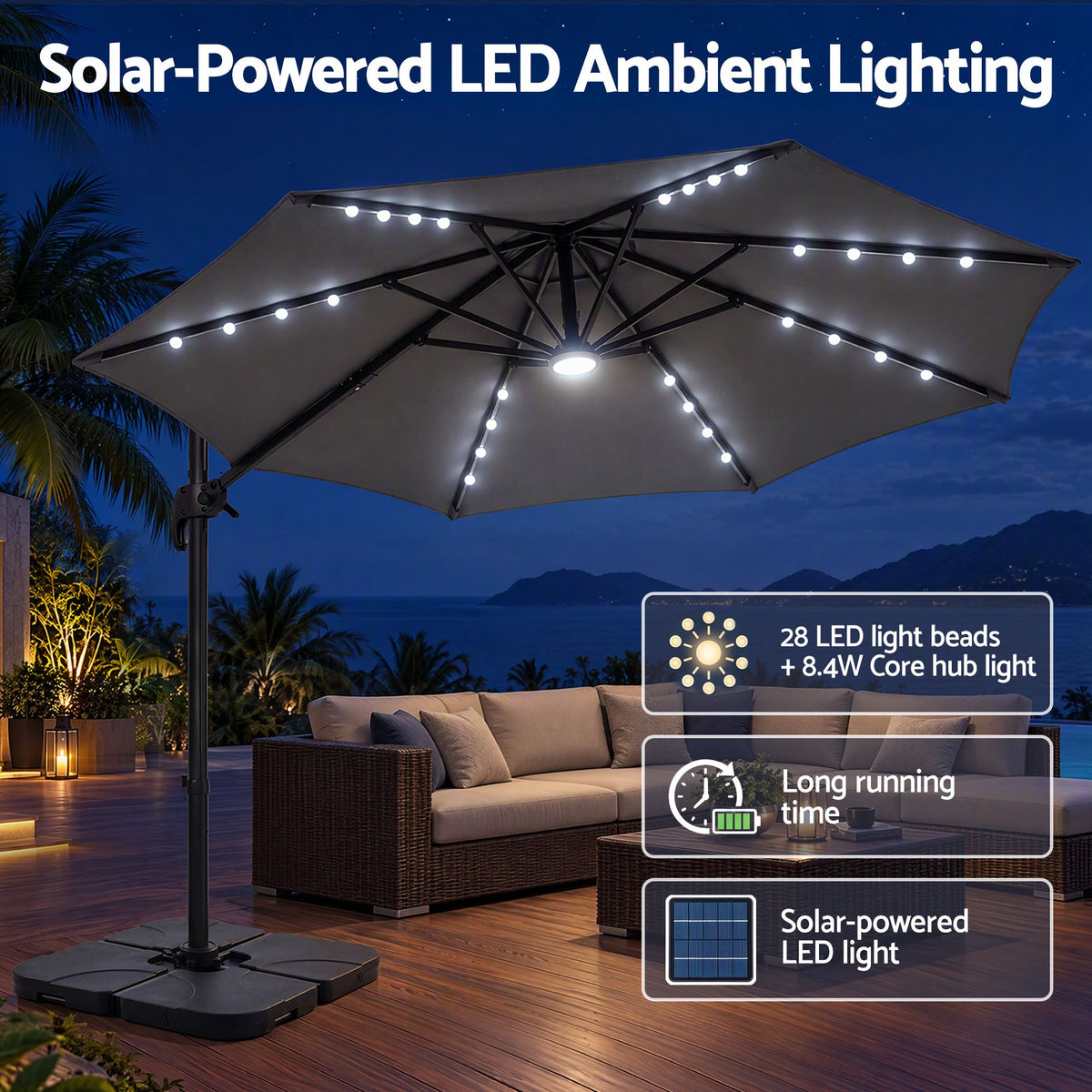 Instahut Outdoor Umbrella w/Base 3m Solar LED Offset Cantilever Patio Parasol Charcoal