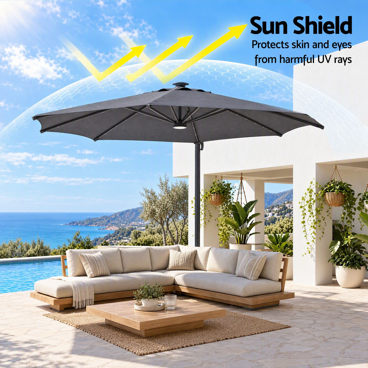 Instahut Outdoor Umbrella w/Base 3m Solar LED Offset Cantilever Patio Parasol Charcoal