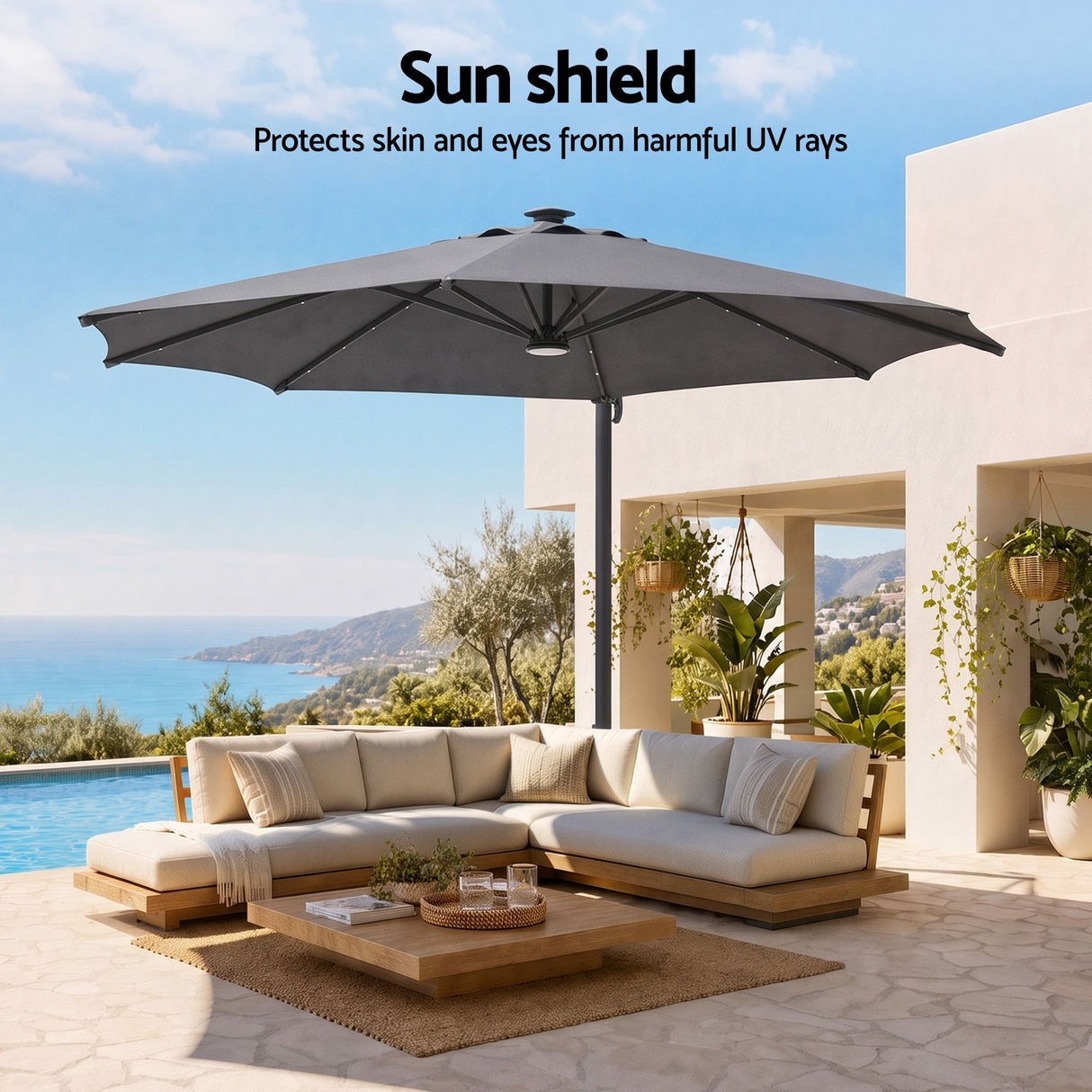 Instahut Outdoor Umbrella 3m Solar LED Offset Cantilever Patio Parasol Charcoal