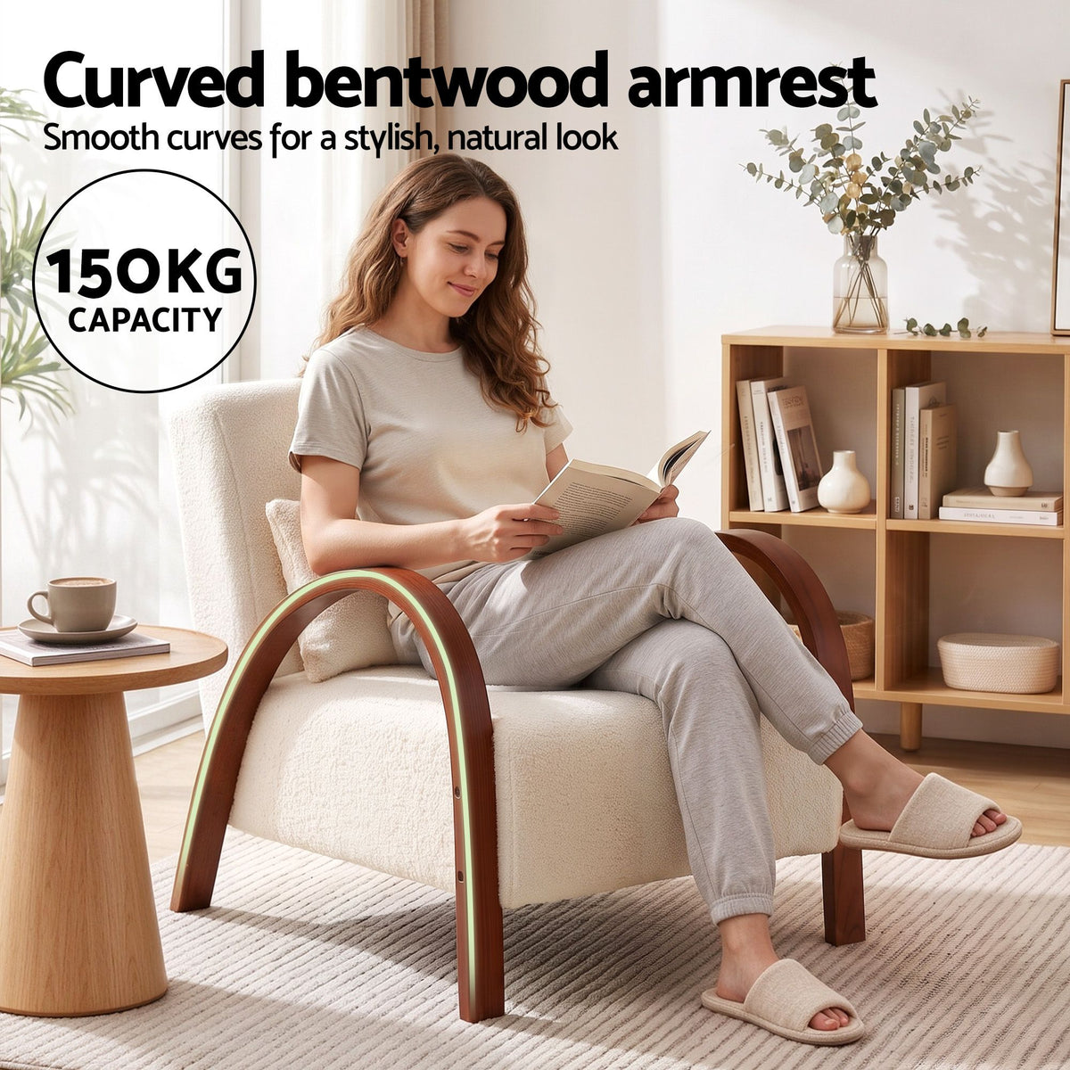 Artiss Teddy Fabric Armchair Curved Bentwood Arms with Cushion Beige