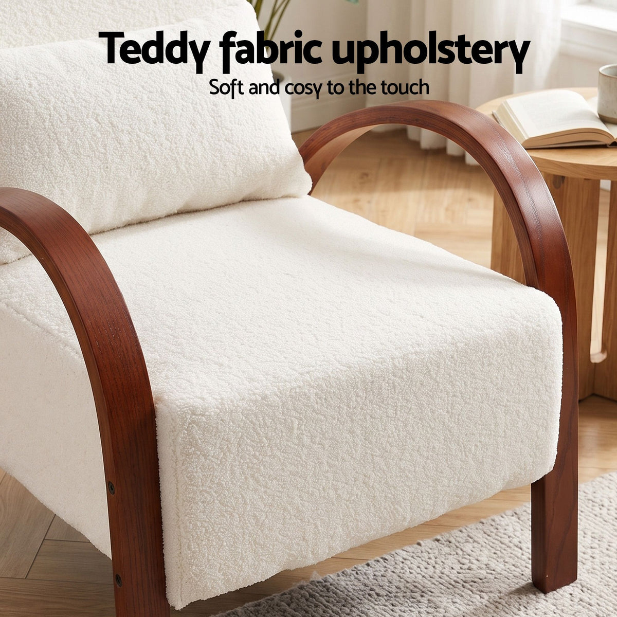 Artiss Teddy Fabric Armchair Curved Bentwood Arms with Cushion Beige