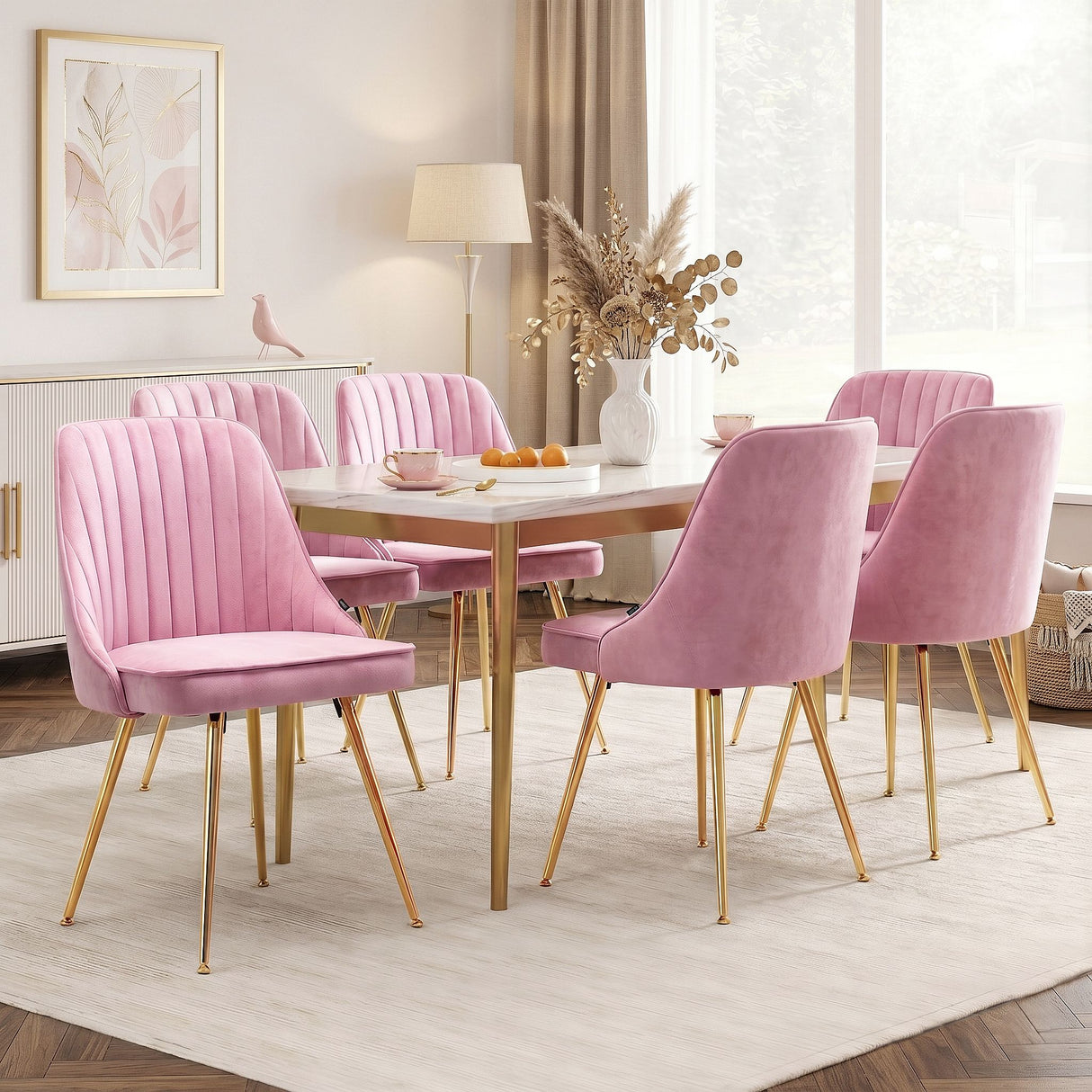 Artiss Dining Chairs Set of 6 Velvet Channel Tufted Pink