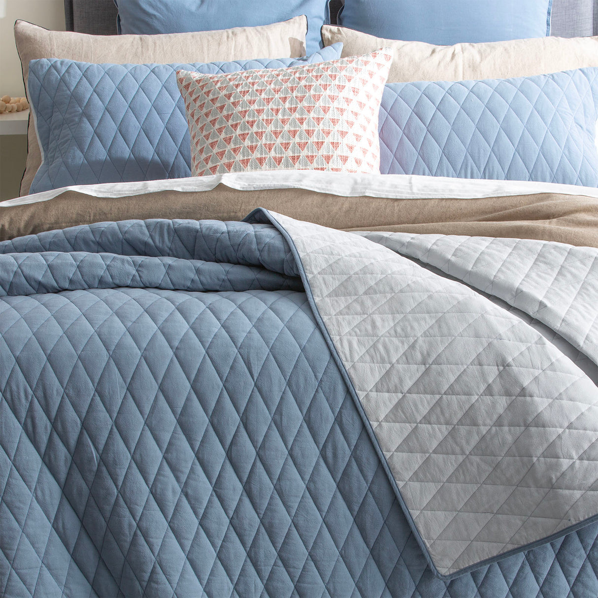 Diamante Vintage Stone Washed Cotton Reversible Quilted Blue Coverlet Set by Renee Taylor Queen/King