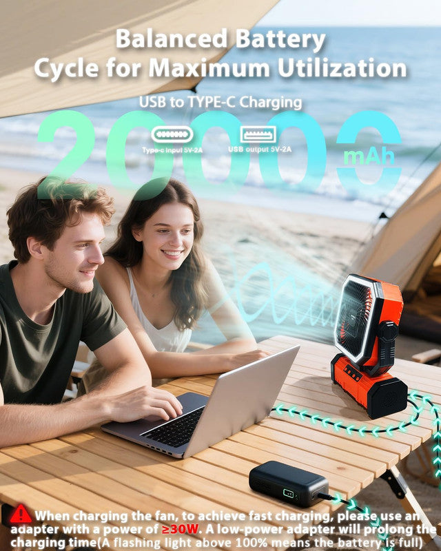 20000mAh Portable Camping Fan, Rechargeable Battery Operated Oscillating Camp Tent Fan W/Remote control, 4 Speeds, LED lights & 360° Rotation Hook for Outdoor RV Travel Orange