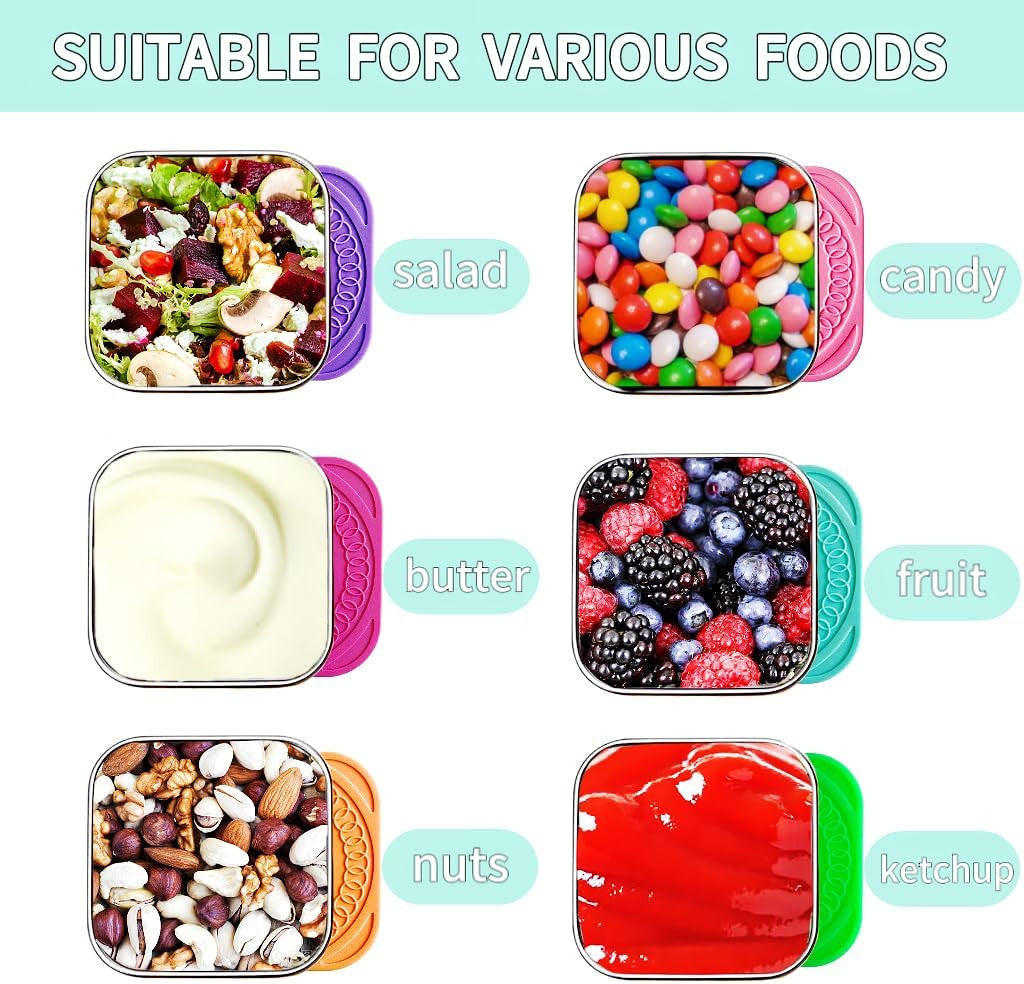 12Pack 6oz Stainless Steel Snack Containers and 2oz Salad Dressing To Go Containers with Silicone Lids, Reusable Square Meal Prep Condiment Sauce Containers Lunch Box