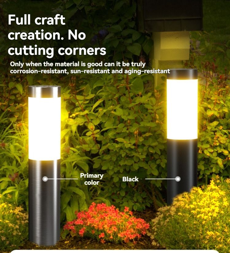 solar lawn lights, stainless steel outdoor lights, 3-LED garden lights, waterproof outdoor lights, modern outdoor lighting, cylindrical solar lights, Australian outdoor lights - Black with white light - Size 1PCS