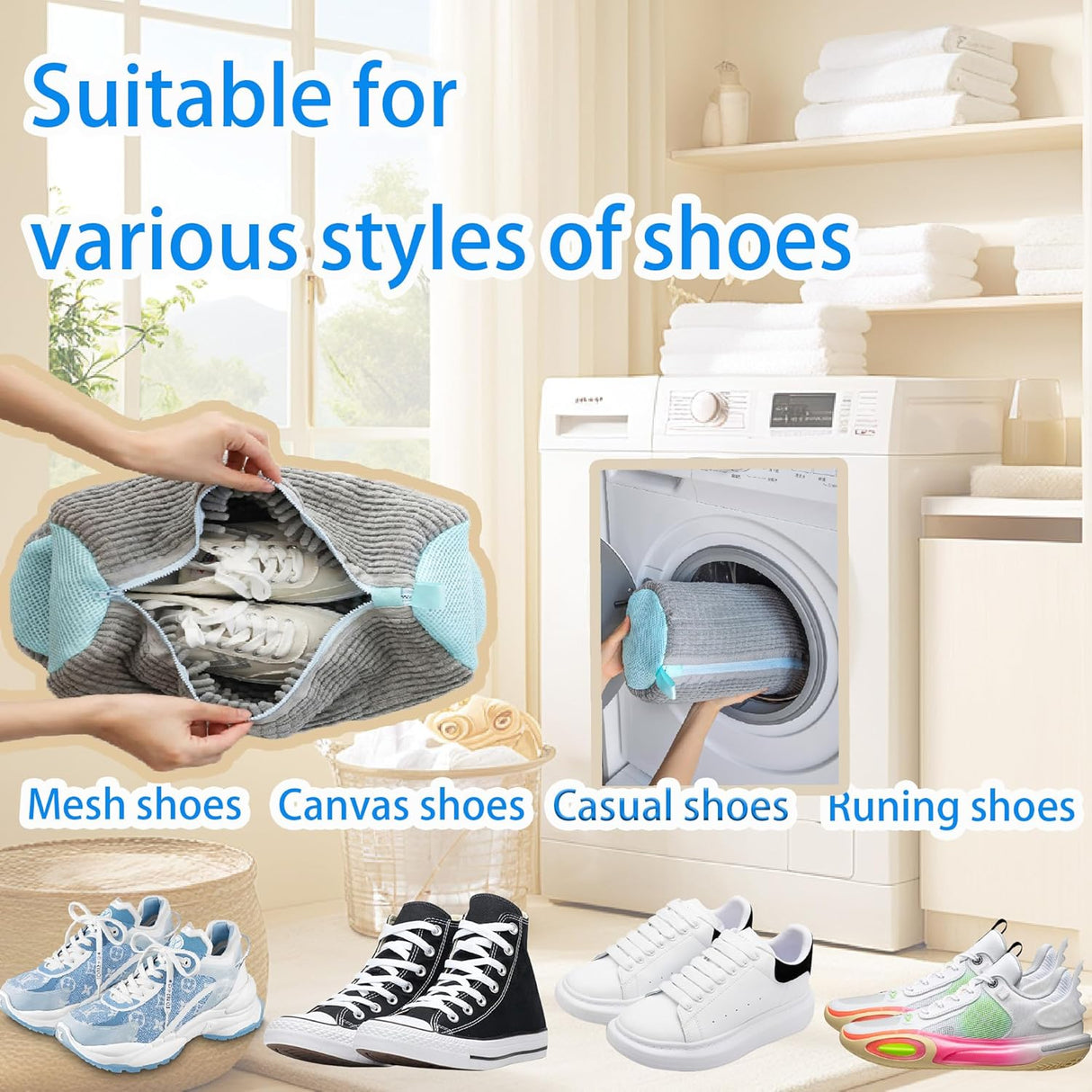Shoe Washer Bag Laundry Shoe Bag for Washer & Dryer, Reusable 2 Pack Sneaker Cleaning Bag, 360° Deep Cleaning Machine for All Shoe Types with Self-Locking Zipper(Grey)