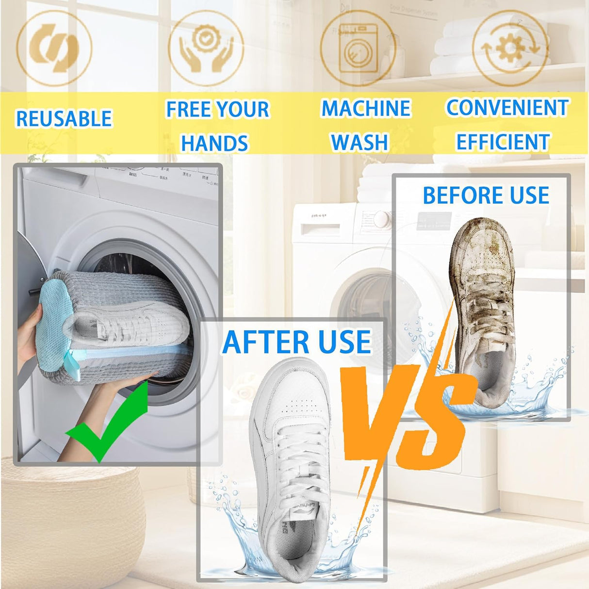Shoe Washer Bag Laundry Shoe Bag for Washer & Dryer, Reusable 2 Pack Sneaker Cleaning Bag, 360° Deep Cleaning Machine for All Shoe Types with Self-Locking Zipper(Grey)