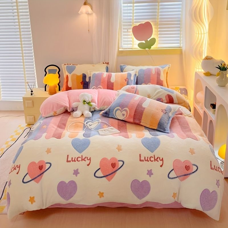 Lucky Heart-Shaped Bedding Set 3-Piece Bedding Heart Pattern Bedding Soft - Love - themed powder - Size 150*200cm