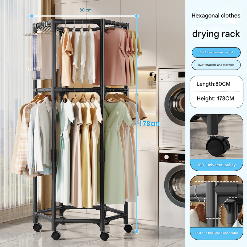Black double layer 360° Rotating Portable Garment Rack - Heavy Duty Rolling Clothes Stand with Wheels for Bedroom & Laundry
