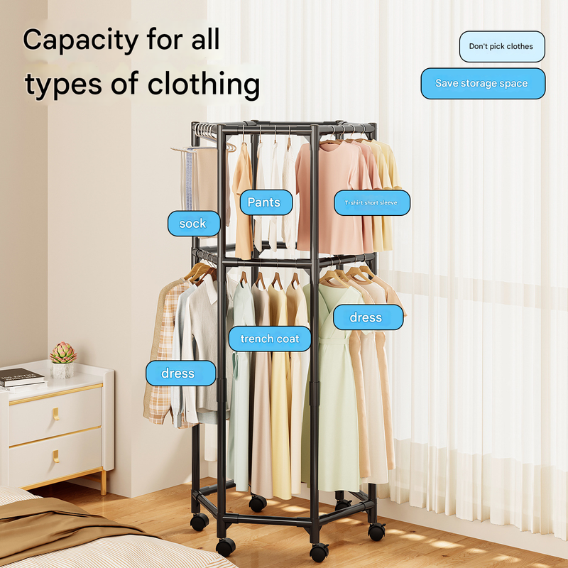 Black double layer 360° Rotating Portable Garment Rack - Heavy Duty Rolling Clothes Stand with Wheels for Bedroom & Laundry