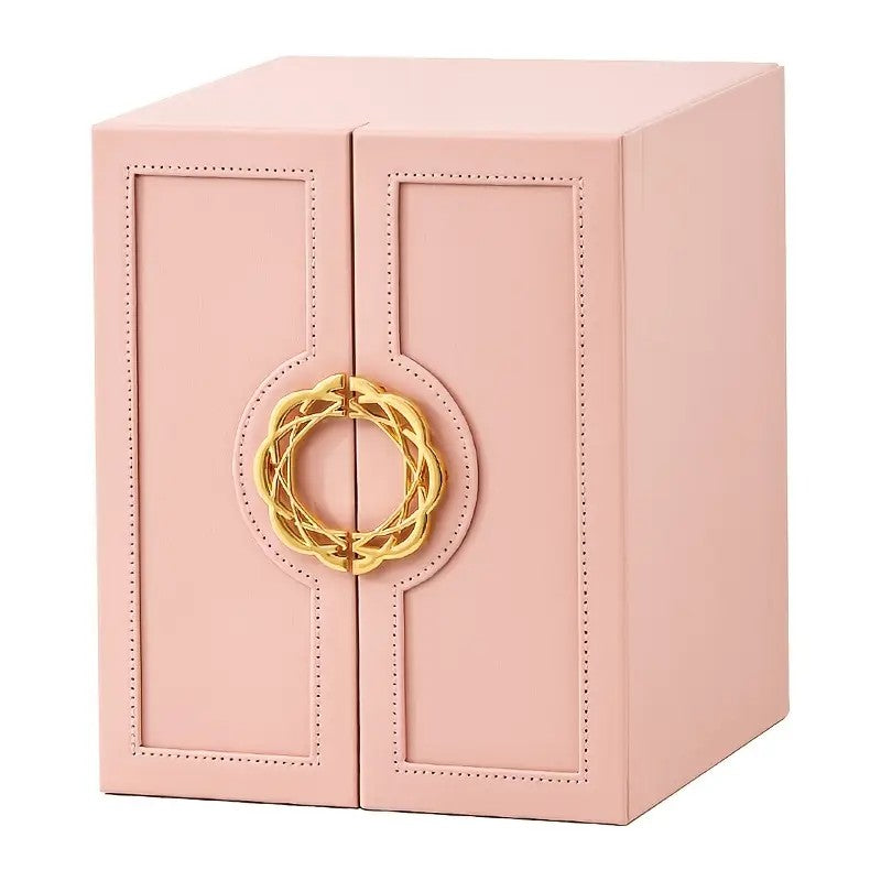Pink 1 Large Faux Leather Jewelry Storage Box with 5 Drawers and Gold Handles - An elegant rectangular storage space for rings, necklaces, bracelets, earrings, and watches - Features soft fabric lining, side door design, textured surface finish - Luxury