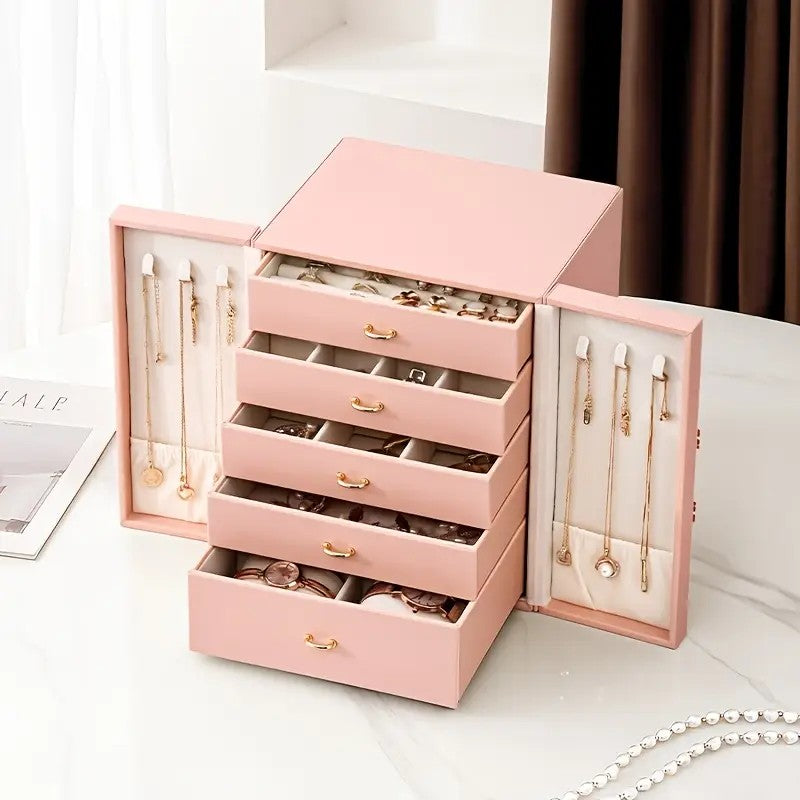 Pink 1 Large Faux Leather Jewelry Storage Box with 5 Drawers and Gold Handles - An elegant rectangular storage space for rings, necklaces, bracelets, earrings, and watches - Features soft fabric lining, side door design, textured surface finish - Luxury