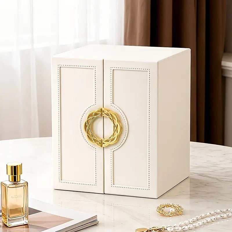 Pink 1 Large Faux Leather Jewelry Storage Box with 5 Drawers and Gold Handles - An elegant rectangular storage space for rings, necklaces, bracelets, earrings, and watches - Features soft fabric lining, side door design, textured surface finish - Luxury