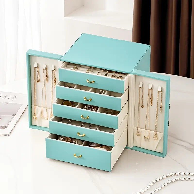Pink 1 Large Faux Leather Jewelry Storage Box with 5 Drawers and Gold Handles - An elegant rectangular storage space for rings, necklaces, bracelets, earrings, and watches - Features soft fabric lining, side door design, textured surface finish - Luxury