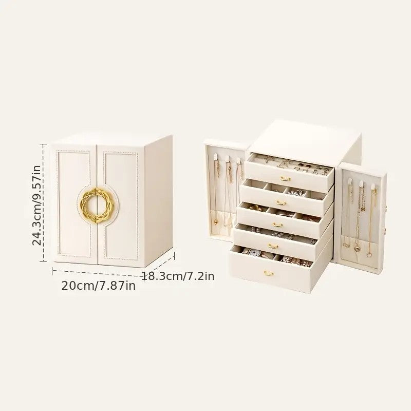 Blue 1 Large Faux Leather Jewelry Storage Box with 5 Drawers and Gold Handles - An elegant rectangular storage space for rings, necklaces, bracelets, earrings, and watches - Features soft fabric lining, side door design, textured surface finish - Luxury