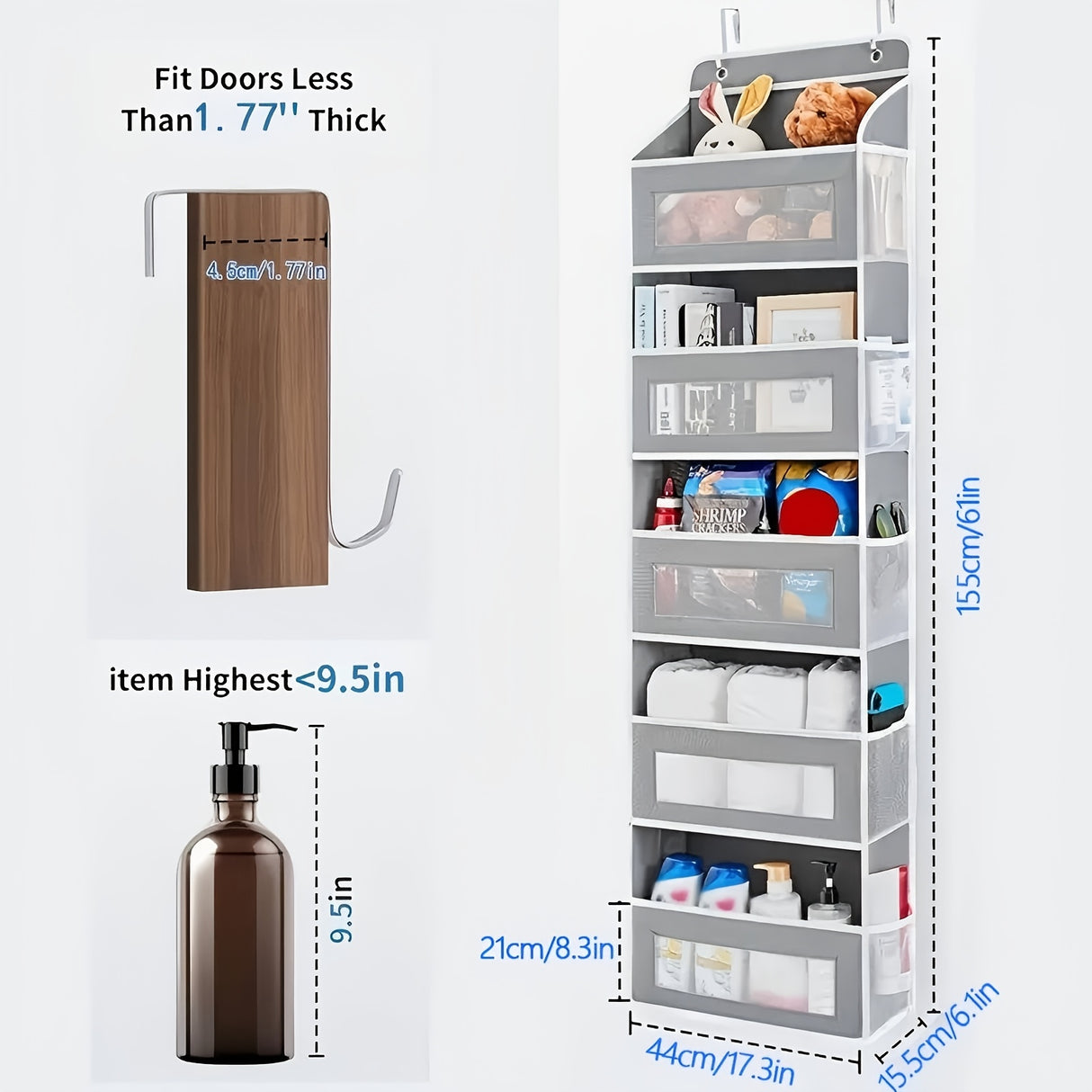 Storage Marvel in Black & Gray — 5-Tier Over-the-Door Organizer with 5 Large Pockets. Sturdy and Anti-Tip Design for Strong Load-Bearing. A Neat Solution for Bedroom, Bathroom & Storage Room.(GREY)