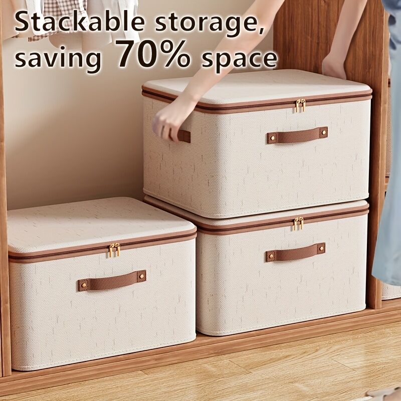 25L Double Zipper Storage Box with Faux Leather Handles | Large Capacity Lidded Basket, Perfect for Storing Clothes, Bedding, and Moving — Ideal for Bedrooms, Dorms, Studies, Wardrobes, Laundry Baskets, Shelf Bins, and Storage Racks.