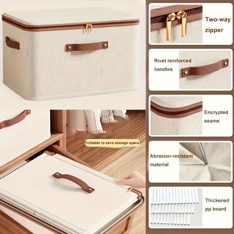 42L Double Zipper Storage Box with Faux Leather Handles | Large Capacity Lidded Basket, Perfect for Storing Clothes, Bedding, and Moving — Ideal for Bedrooms, Dorms, Studies, Wardrobes, Laundry Baskets, Shelf Bins, and Storage Racks.