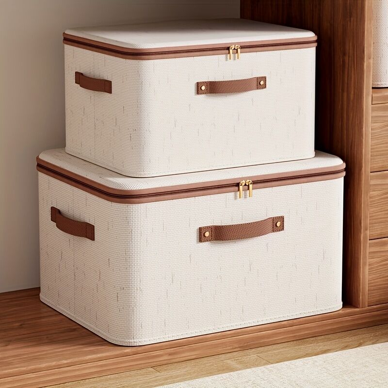 56L Double Zipper Storage Box with Faux Leather Handles | Large Capacity Lidded Basket, Perfect for Storing Clothes, Bedding, and Moving — Ideal for Bedrooms, Dorms, Studies, Wardrobes, Laundry Baskets, Shelf Bins, and Storage Racks.