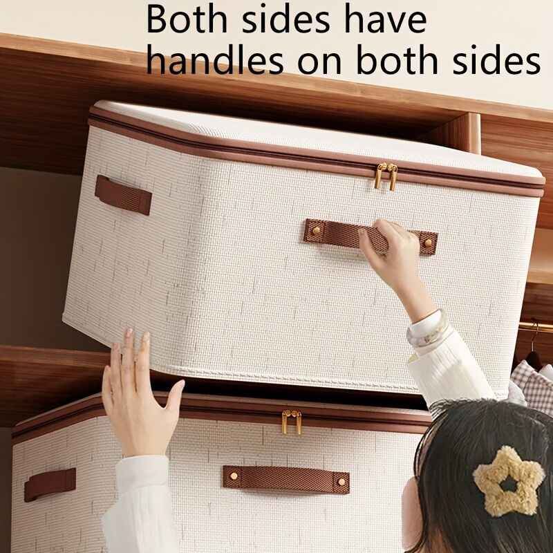 56L Double Zipper Storage Box with Faux Leather Handles | Large Capacity Lidded Basket, Perfect for Storing Clothes, Bedding, and Moving — Ideal for Bedrooms, Dorms, Studies, Wardrobes, Laundry Baskets, Shelf Bins, and Storage Racks.
