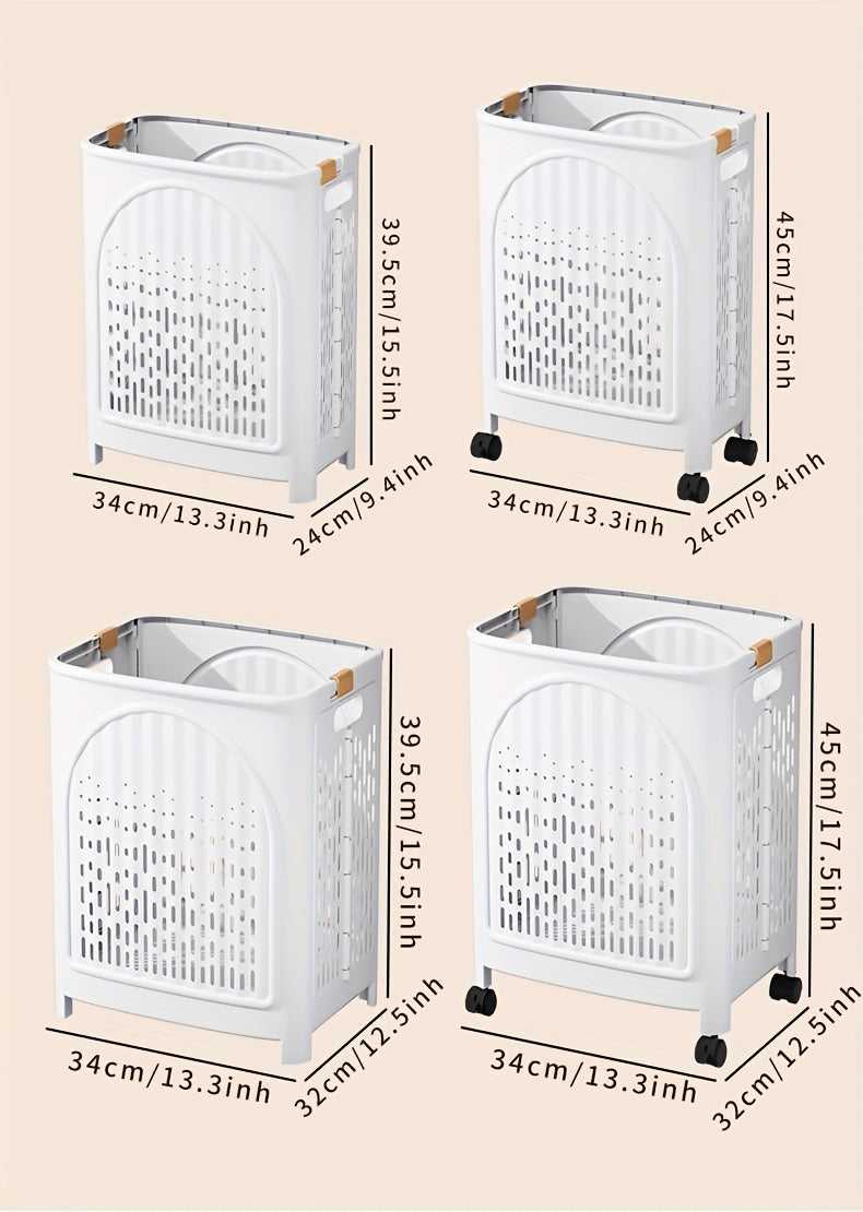 A wheeled foldable plastic laundry basket, suitable for dirty clothes and easy to move. It features a breathable design for convenience and practicality.