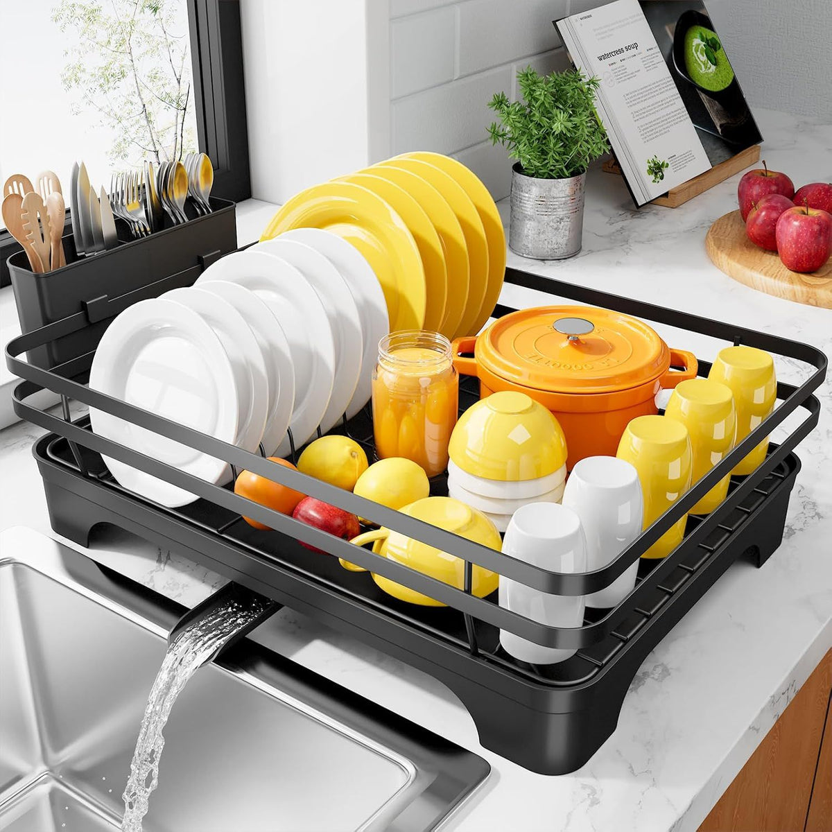 Dish Drying Rack - Multi-Functional Dish Rack for Kitchen Counter with Cutlery Holder, Rust-Proof Storage Solution with Rotatable, Black
