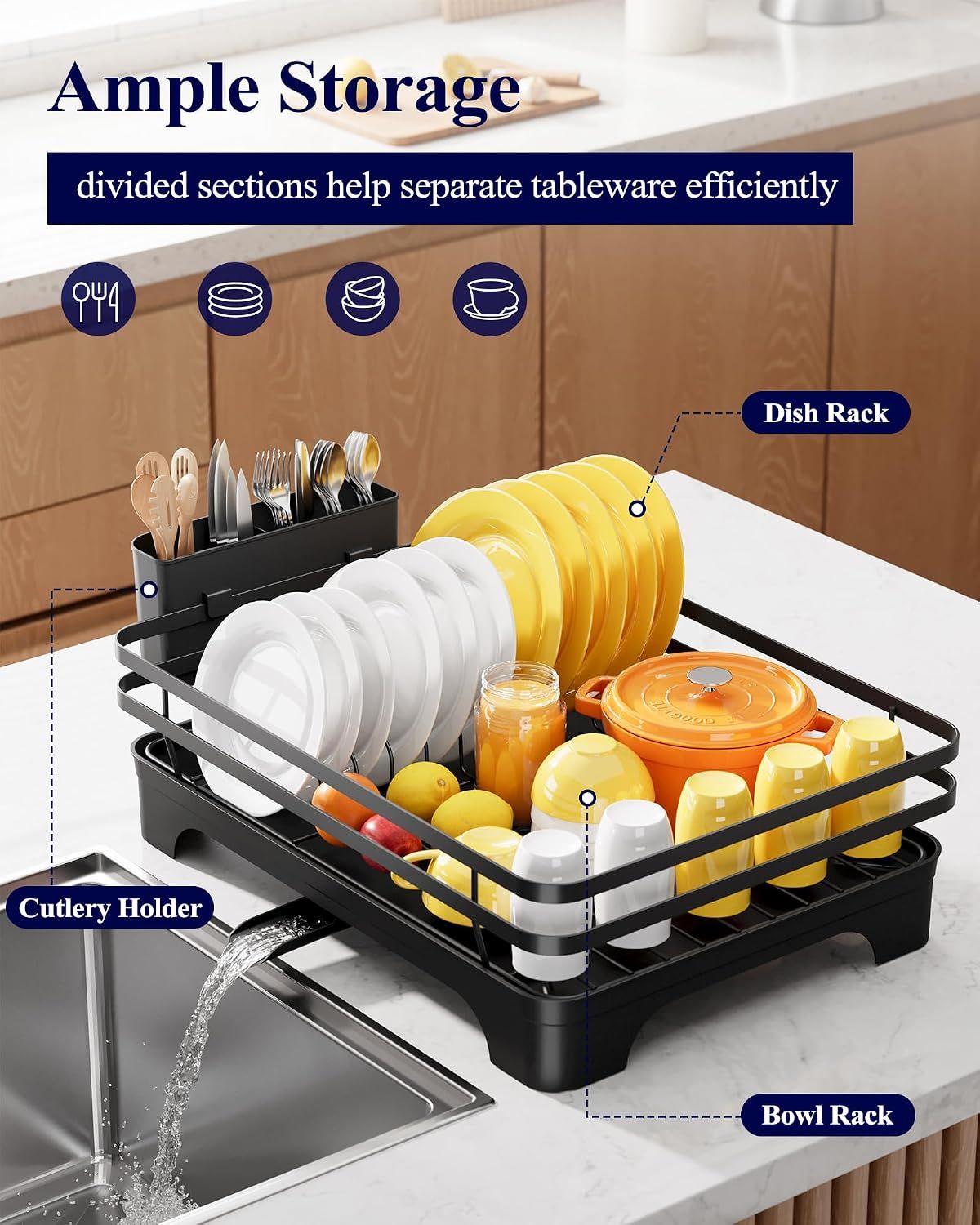Dish Drying Rack - Multi-Functional Dish Rack for Kitchen Counter with Cutlery Holder, Rust-Proof Storage Solution with Rotatable, Black