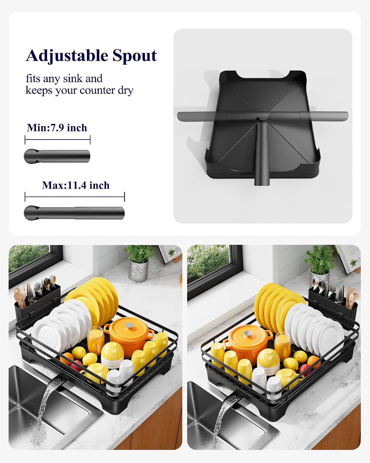 Dish Drying Rack - Multi-Functional Dish Rack for Kitchen Counter with Cutlery Holder, Rust-Proof Storage Solution with Rotatable, Black