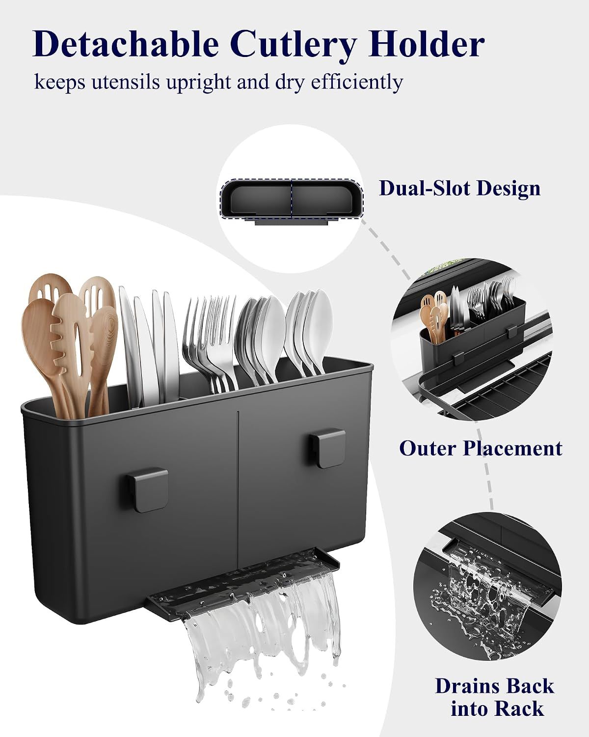Dish Drying Rack - Multi-Functional Dish Rack for Kitchen Counter with Cutlery Holder, Rust-Proof Storage Solution with Rotatable, Black