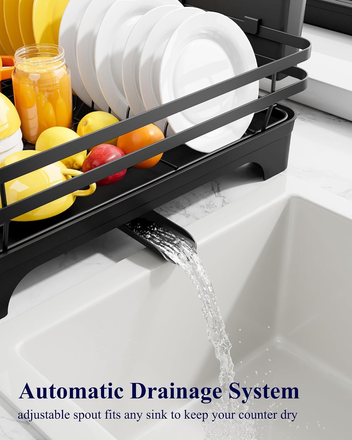 Dish Drying Rack - Multi-Functional Dish Rack for Kitchen Counter with Cutlery Holder, Rust-Proof Storage Solution with Rotatable, Black
