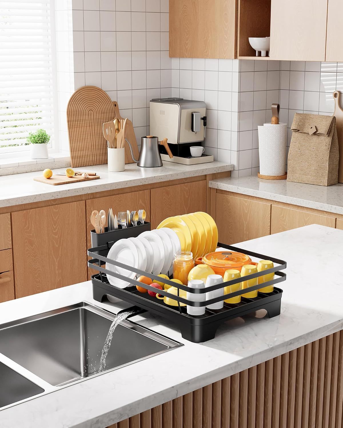 Dish Drying Rack - Multi-Functional Dish Rack for Kitchen Counter with Cutlery Holder, Rust-Proof Storage Solution with Rotatable, Black