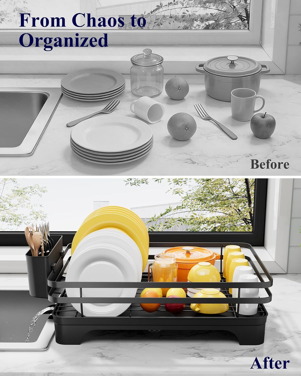 Dish Drying Rack - Multi-Functional Dish Rack for Kitchen Counter with Cutlery Holder, Rust-Proof Storage Solution with Rotatable, Black