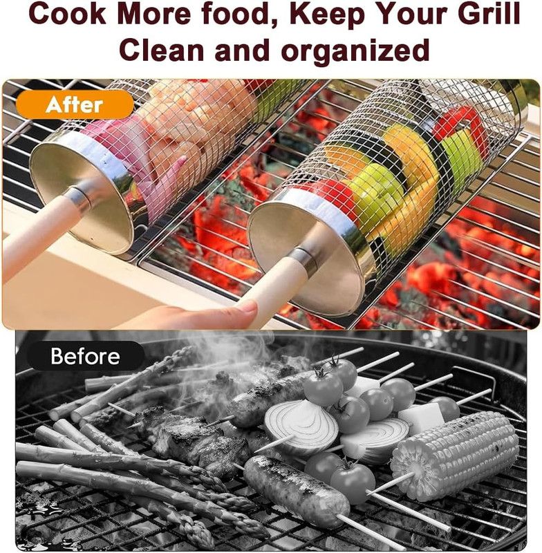 2-Pack Rolling Grill Baskets 304 Stainless Steel with Removable Wooden Handle for Vegetables and Shrimp, 35 x 9.5 cm
