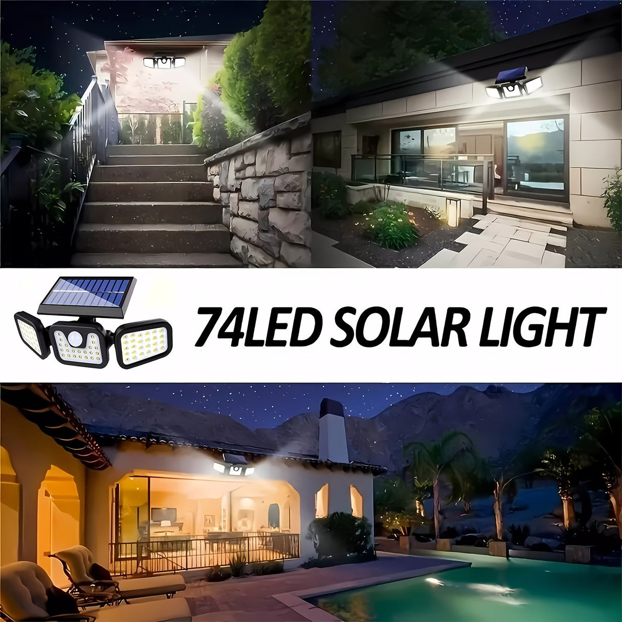 74 LED solar sensor lights with motion sensor, 3 brightness modes, outdoor wall lights, suitable for front door, courtyard, garage, terrace