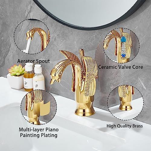 Swan-Shaped Bathroom Faucet – Single-Handle Single-Hole Sink Faucet, Deck-Mounted, Short Model, Elegant Vanity Faucet for Bathroom - White-Gold - Size 19cm