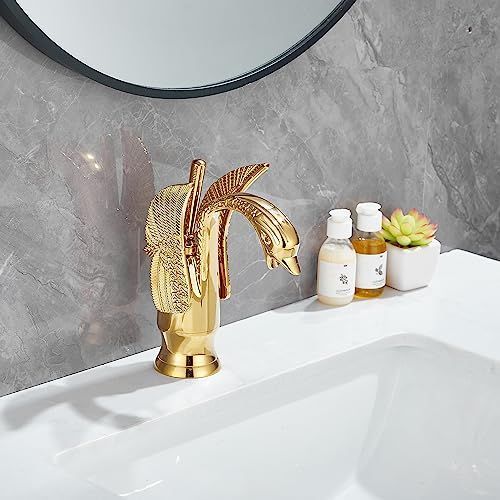 Swan-Shaped Bathroom Faucet – Single-Handle Single-Hole Sink Faucet, Deck-Mounted, Short Model, Elegant Vanity Faucet for Bathroom - White-Gold - Size 19cm