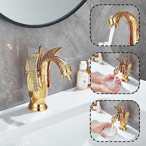 Swan-Shaped Bathroom Faucet – Single-Handle Single-Hole Sink Faucet, Deck-Mounted, Short Model, Elegant Vanity Faucet for Bathroom - White-Gold - Size 19cm