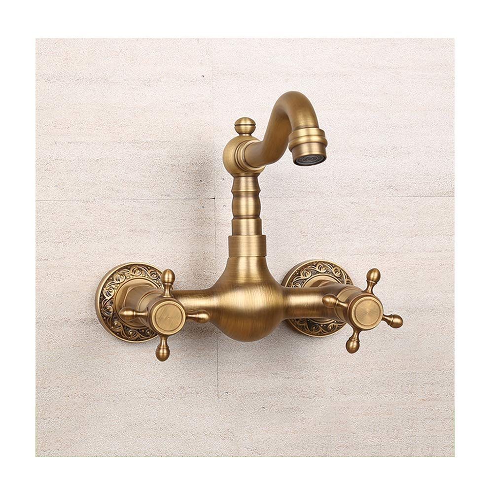 Antique Bathtub Faucet – Dual-Handle Brass Wall-Mounted Tub Faucet with Shower, Hot & Cold Mixer, Short Model, Elegant Bathroom & Villa Faucet - Bronze - Size Short2