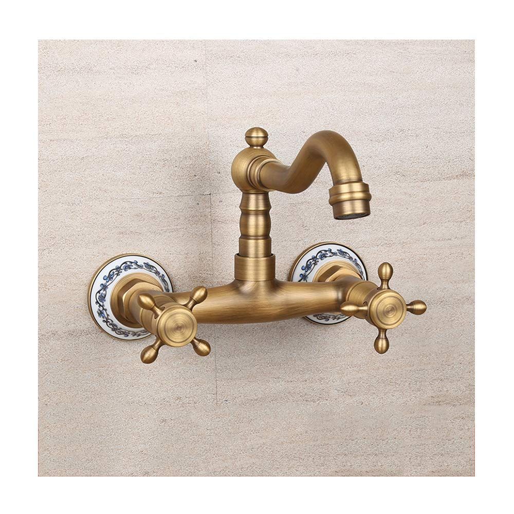 Antique Bathtub Faucet – Dual-Handle Brass Wall-Mounted Tub Faucet with Shower, Hot & Cold Mixer, Short Model, Elegant Bathroom & Villa Faucet - Bronze - Size Short4