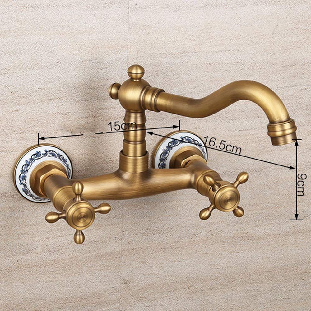 Antique Bathtub Faucet – Dual-Handle Brass Wall-Mounted Tub Faucet with Shower, Hot & Cold Mixer, Short Model, Elegant Bathroom & Villa Faucet - Bronze - Size Short4