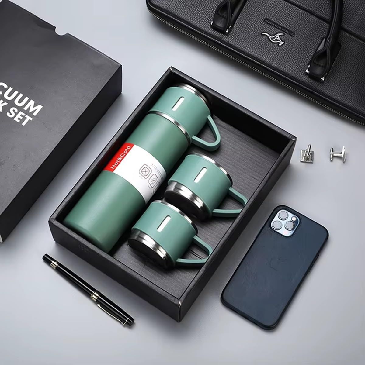 Stainless Steel Vacuum Flask Gift Set with 2 Sharing Cups — 500ml Double-Wall Insulated Bottle | 12H Hot, 24H Cold | Coffee & Tea Travel Mug | Father's Day Birthday Gift - Blue - Size 500ml