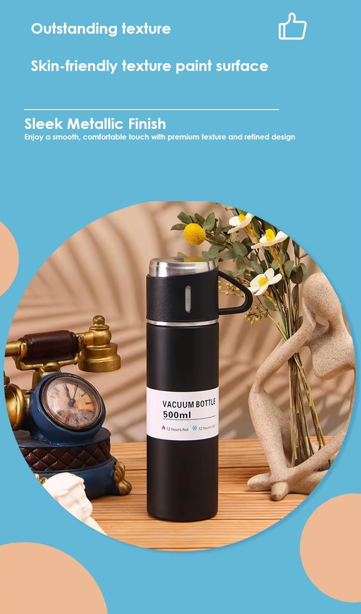 Stainless Steel Vacuum Flask Gift Set with 2 Sharing Cups — 500ml Double-Wall Insulated Bottle | 12H Hot, 24H Cold | Coffee & Tea Travel Mug | Father's Day Birthday Gift - Blue - Size 500ml