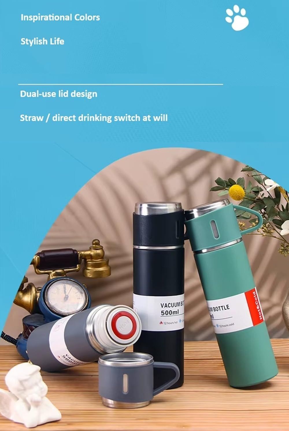 Stainless Steel Vacuum Flask Gift Set with 2 Sharing Cups — 500ml Double-Wall Insulated Bottle | 12H Hot, 24H Cold | Coffee & Tea Travel Mug | Father's Day Birthday Gift - Green - Size 500ml