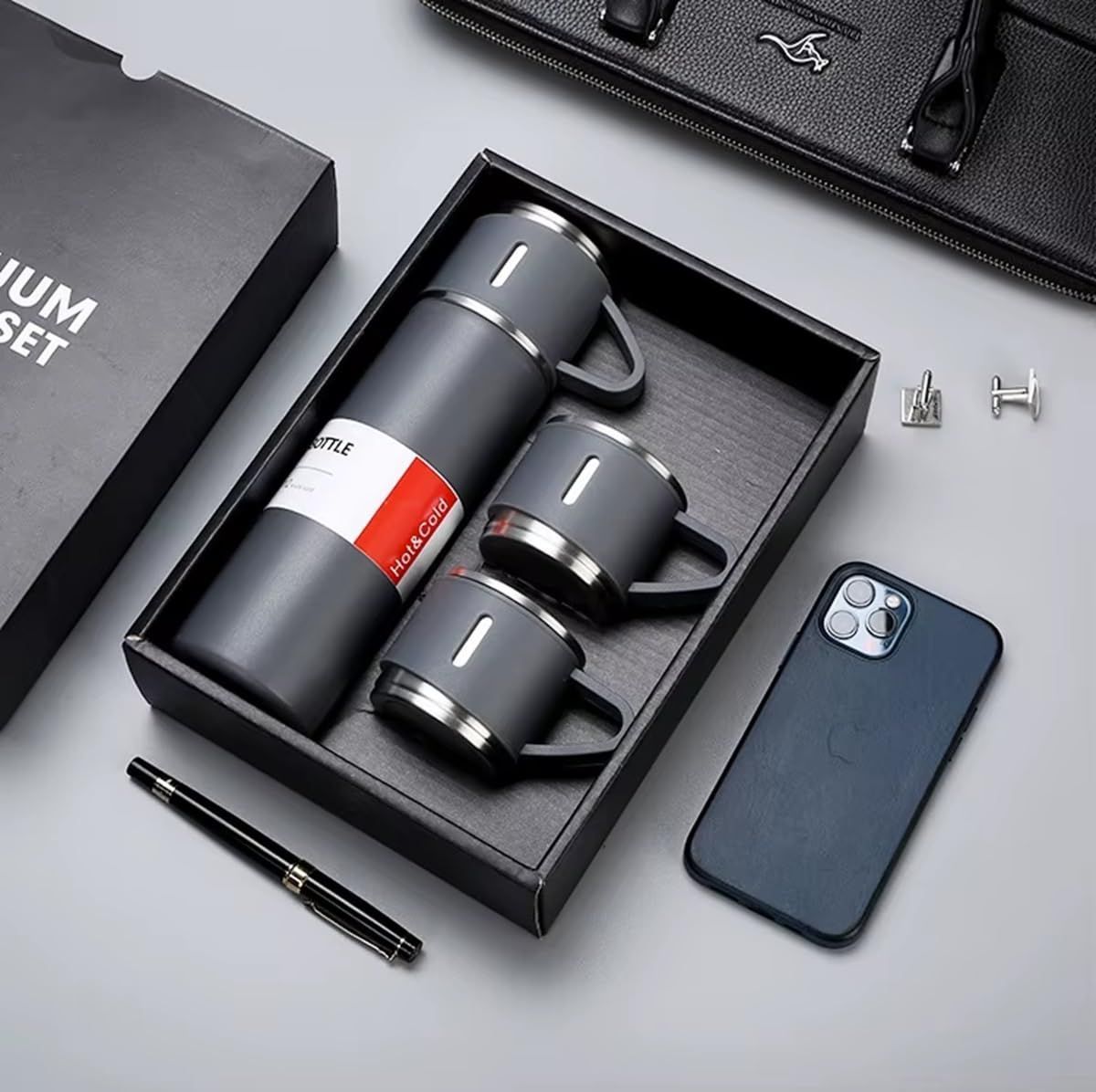 Stainless Steel Vacuum Flask Gift Set with 2 Sharing Cups — 500ml Double-Wall Insulated Bottle | 12H Hot, 24H Cold | Coffee & Tea Travel Mug | Father's Day Birthday Gift - Green - Size 500ml