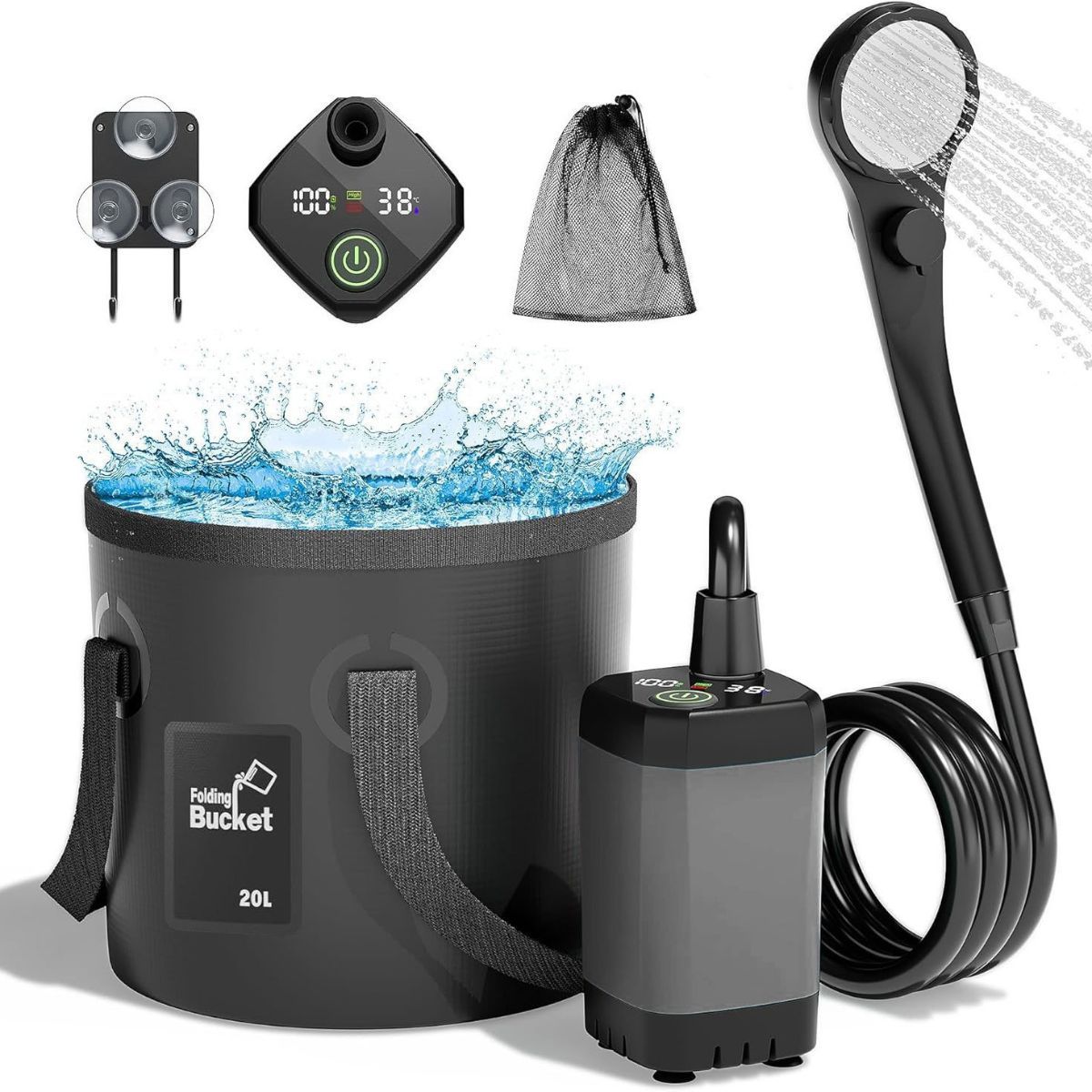 Portable Camping Shower, 6000mAh Rechargeable Outdoor Shower Pump 4 Spray Modes & Speeds, Ipx7 Waterproof, LED Display, Portable Shower for Camping, Car & Pet - Gray - Size 5.3-gallon bucket